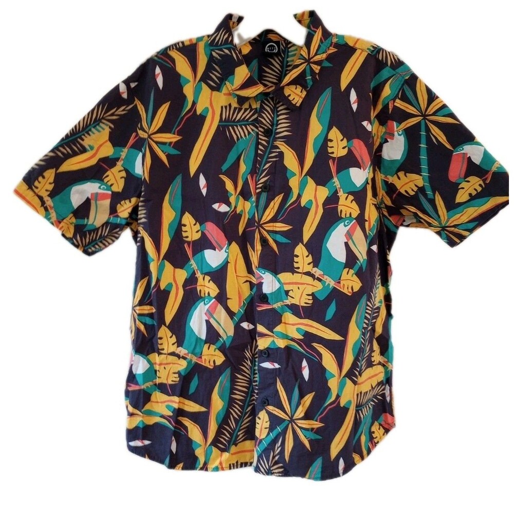 NEFF Shirt Mens Medium Blue Yellow Floral Flowers Toucan Tropical Birds Hawaiian
